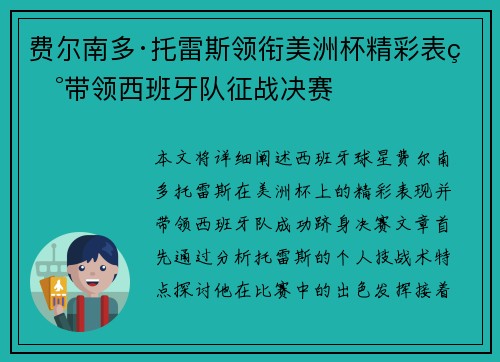 费尔南多·托雷斯领衔美洲杯精彩表现带领西班牙队征战决赛 费尔南多·托雷斯领衔美洲杯精彩表现带领西班牙队征战决赛